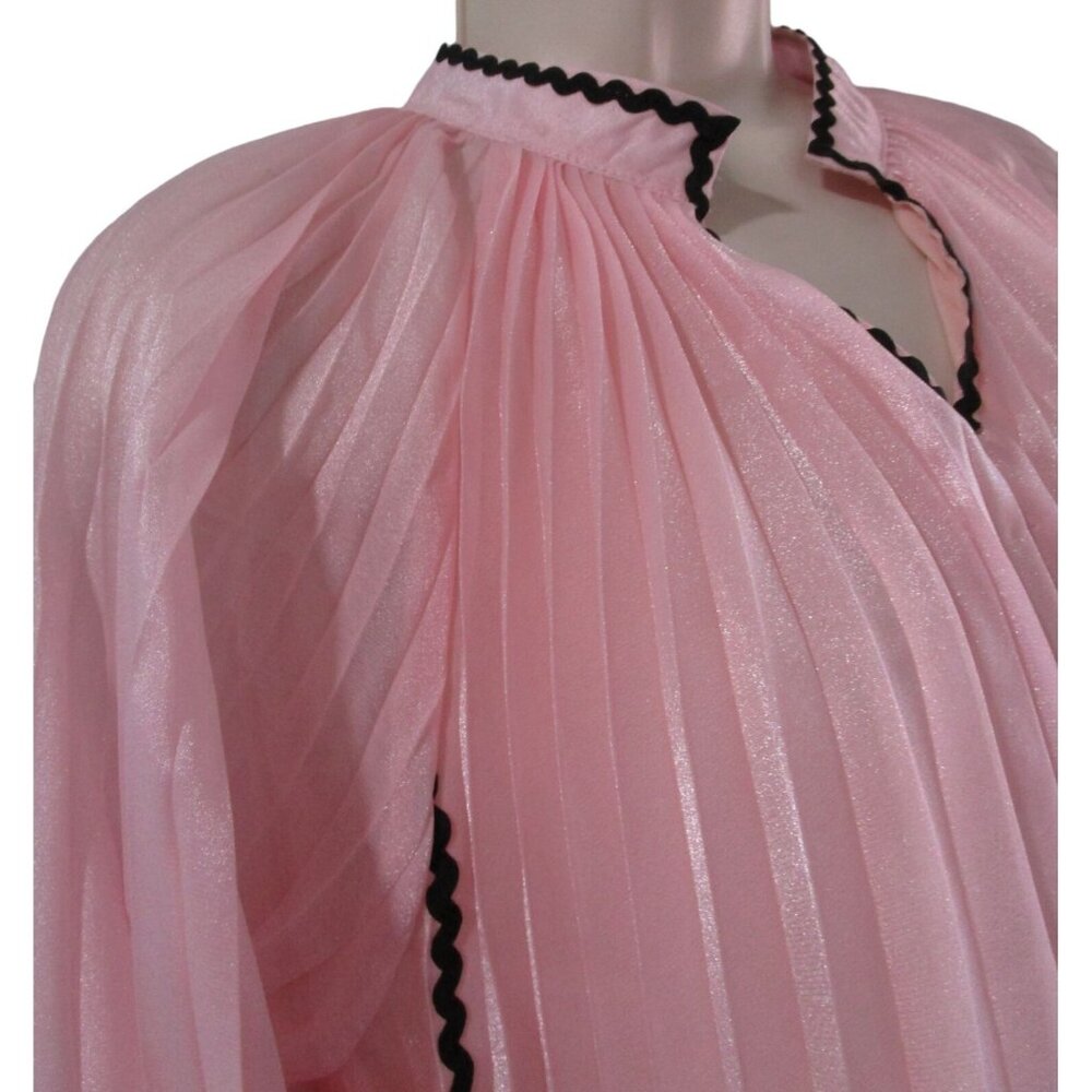VGU Pink Accordion Pleated Swing Blouse Black RicRac Lace Vintage Style Med EUC - Picture 9 of 15